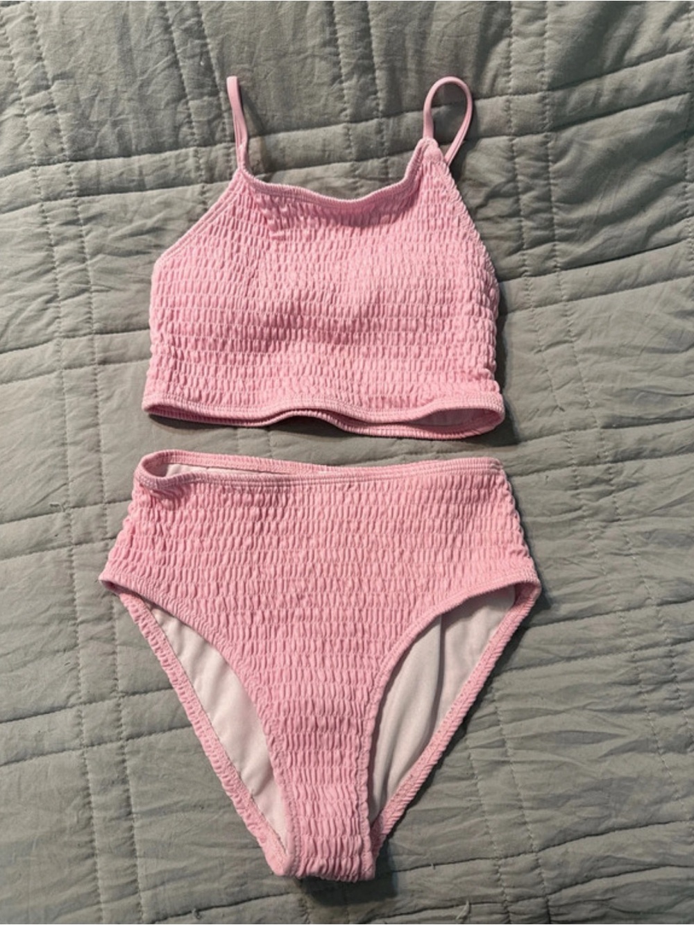 Girls Pink Smocked High-Waist Bikini Set